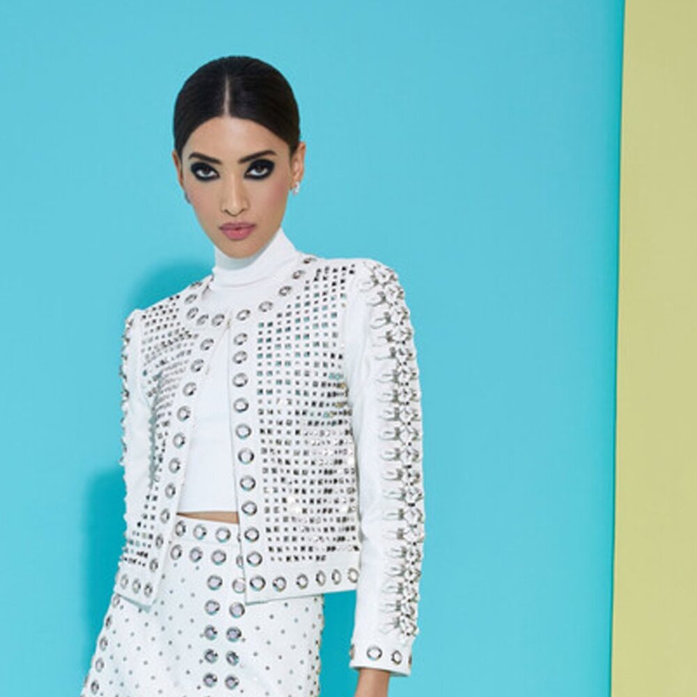 ALICE + OLIVIA KIDMAN WHITE LEATHER SILVER STUDS JACKET ONLY DEFECTS LARGE L